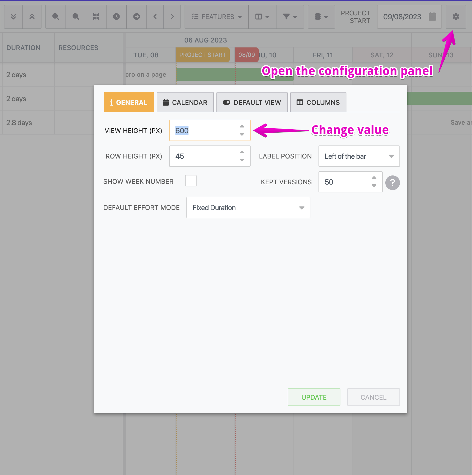 Change Gantt chart size on view mode